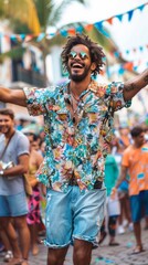 Obraz premium man, 25 years old, very happy, smiling, dancing at a street carnival