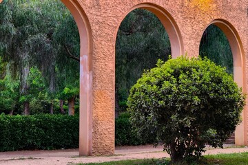 Fototapeta premium Serene park scene featuring an archway with lush green trees and bushes.