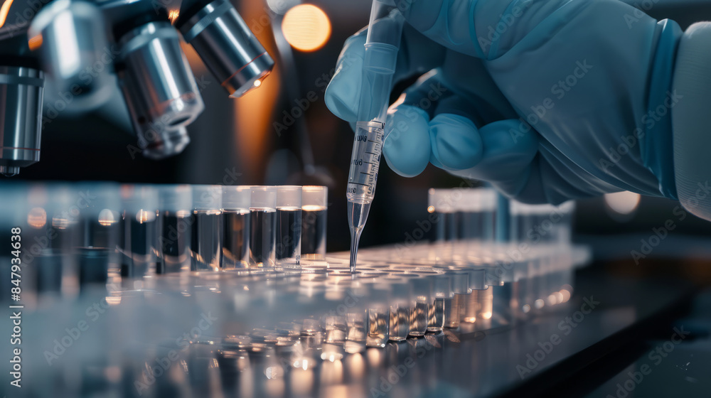 Poster scientist pipetting samples in laboratory with microscope background