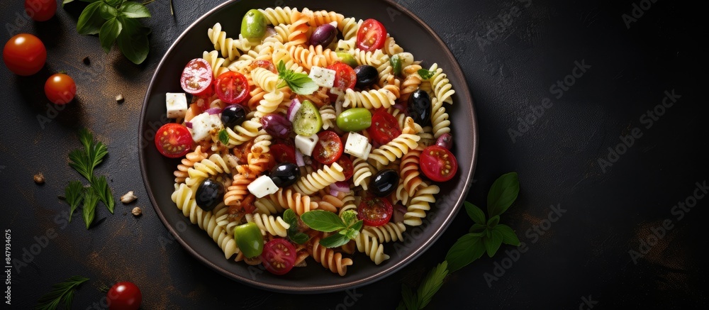 Poster tasty pasta salad with tomato cucumber and olives on a dark stone background. creative banner. copys