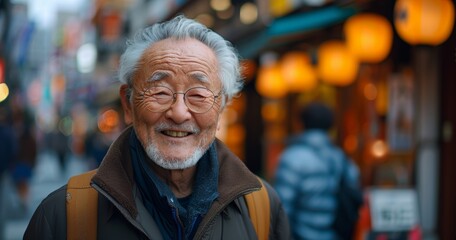  an older asian man smiles in front of a city street