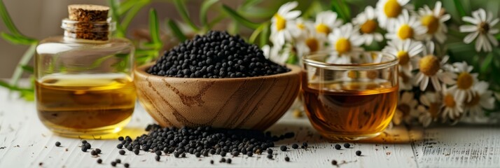 Black cumin oil on a table, white table
