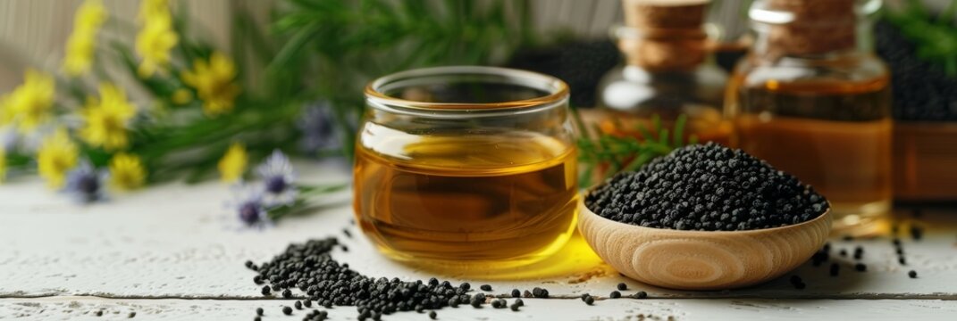 Black cumin oil on a table, white table