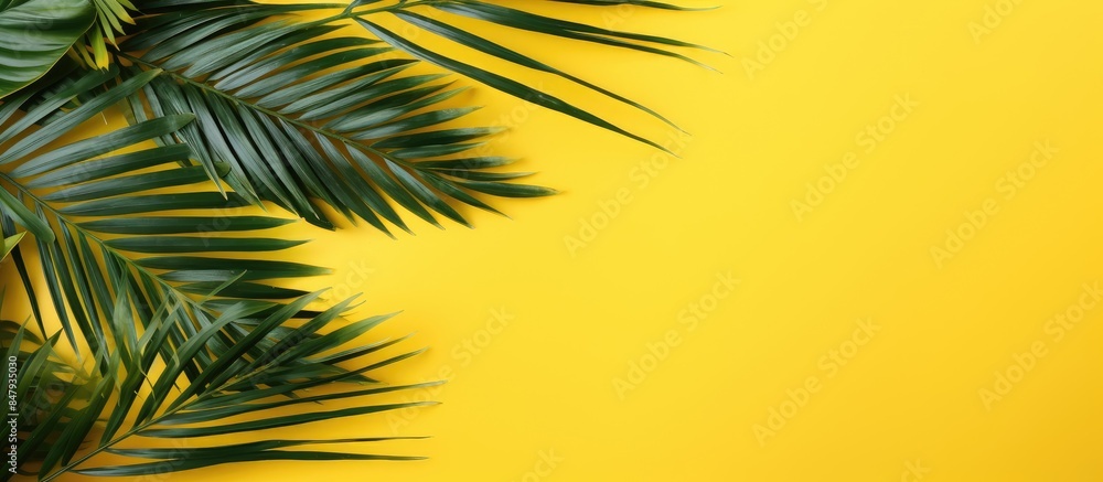 Poster flat lay of green palm branches over yellow background top view copy space wide composition summer v