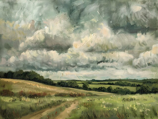 oil painting of an English countryside view with a cloudy sky and muted green colour tone Oil color painting. Generative AI.