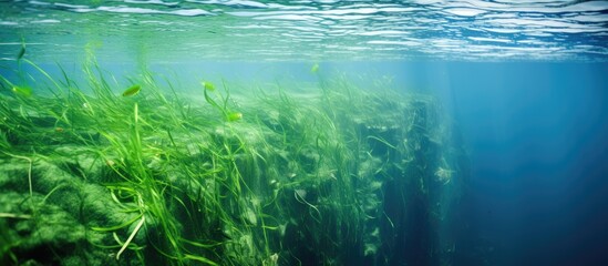 Fototapeta premium Poisonous blue green alga growing and ruining lake water Reeds are floating among the alga bloom. Creative banner. Copyspace image