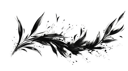 Abstract black and white brush stroke resembling a feather or branch, isolated on black background.