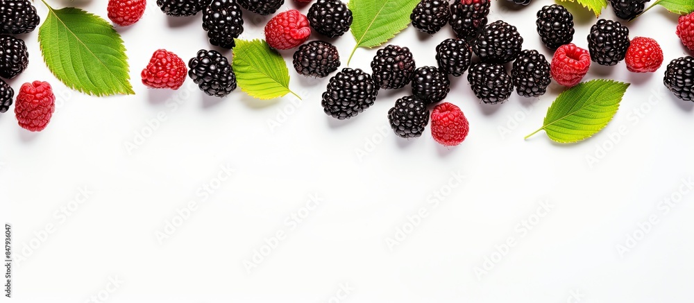 Aufkleber blackberry and raspberry with leaves isolated on white background Top view Flat lay pattern. Creative banner. Copyspace image
