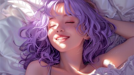 Fototapeta premium cute teenage girl Fashionable purple curly hair Lying down on a clean mattress happily