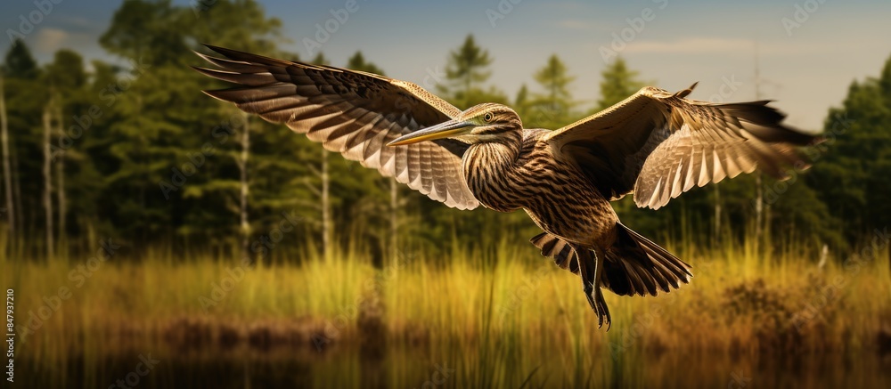 Poster a beautiful bittern flies over the forest glade low over the grass. creative banner. copyspace image