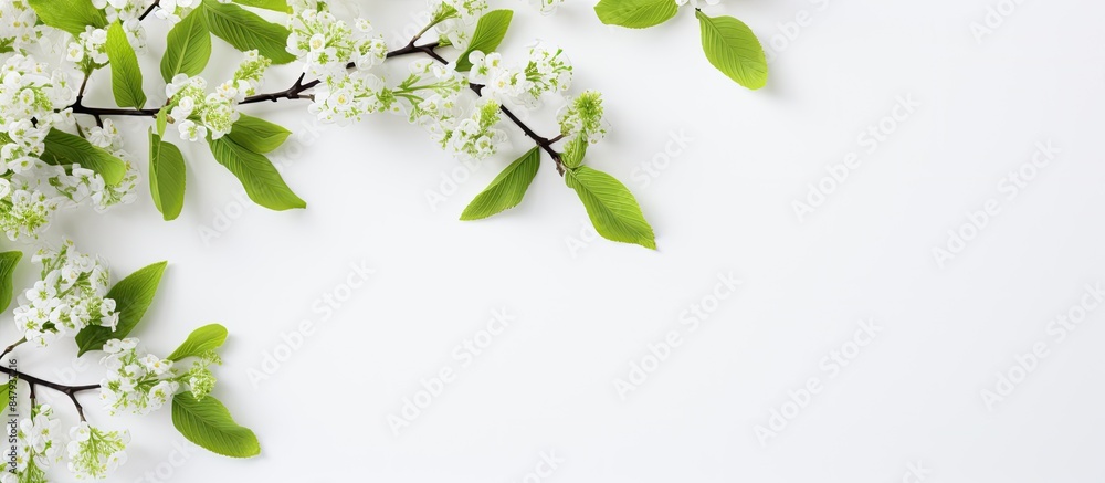 Aufkleber spring background hand lettering hello spring near young green branch on white table top view. creat