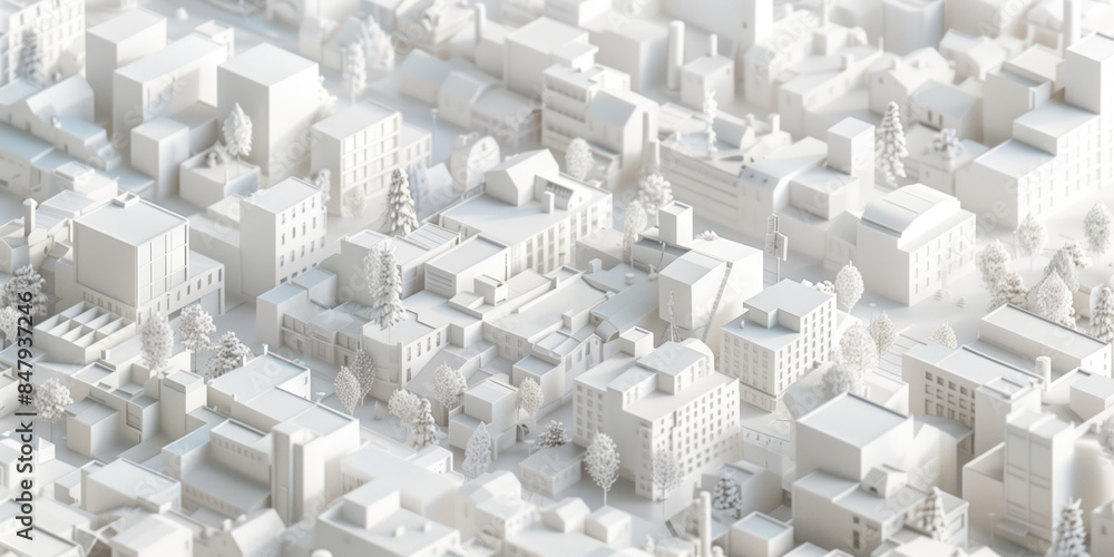 Poster birds eye view of a modern city. urban concept. white clay 3d rendering. created with generative ai 
