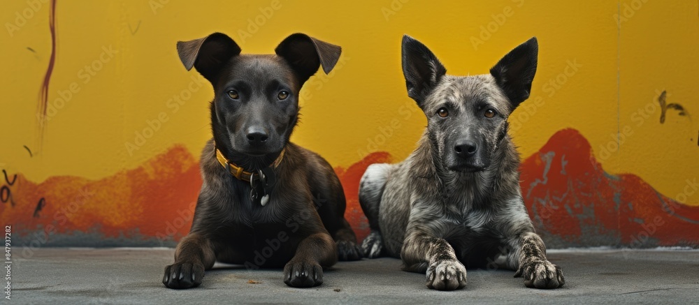 Poster mongrel yard dogs close up on the background of asphalt in summer. creative banner. copyspace image