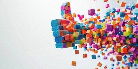 Abstract image of small multi-colored cubes. To create a thumbs up symbol Against a light background