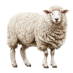 A white sheep stands on a black background, looking directly at the camera with a calm expression. Its fluffy wool is thick and inviting.