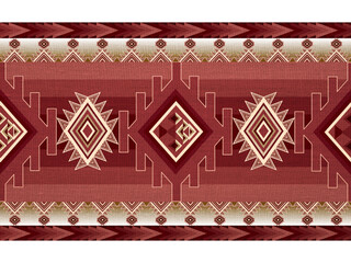 Geometric ethnic pattern in red tones featuring American Indian and Aztec Navajo motifs. 
