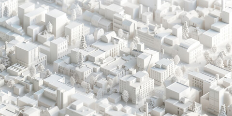Birds Eye view of a modern city. Urban concept. White clay 3D rendering.  Created with Generative AI technology.