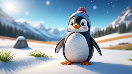Portrait of a funny penguin in a red hat against the background of mountains