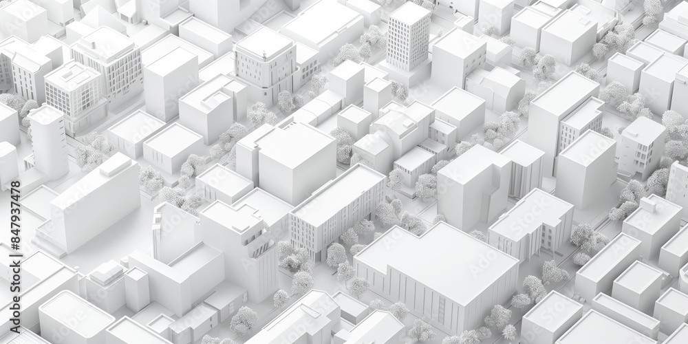 Poster birds eye view of a modern city. urban concept. white clay 3d rendering. created with generative ai 
