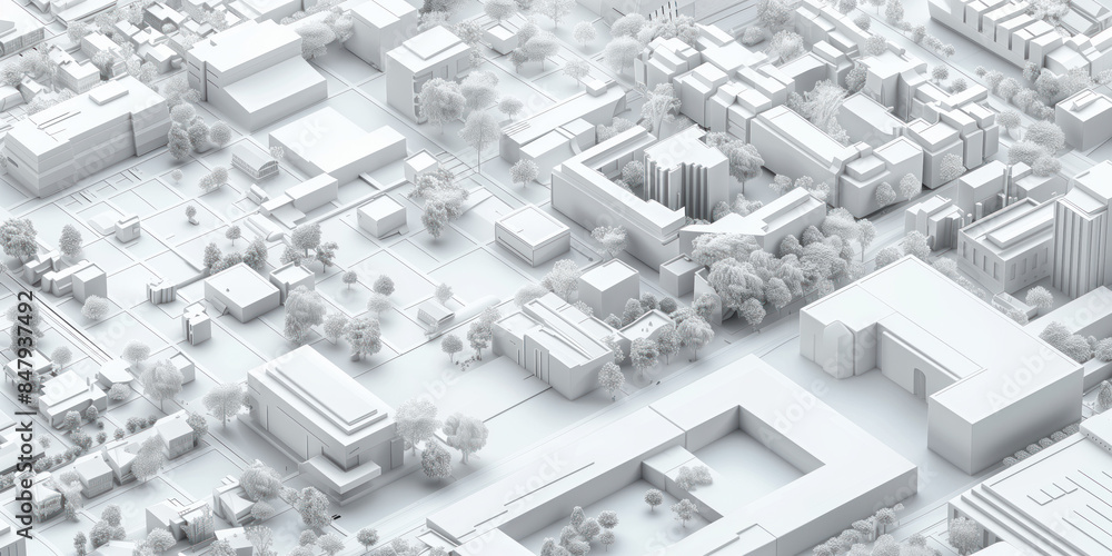 Poster birds eye view of a modern city. urban concept. white clay 3d rendering. created with generative ai 