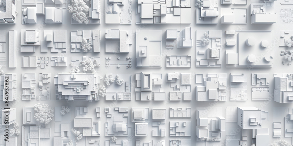 Poster birds eye view of a modern city. urban concept. white clay 3d rendering. created with generative ai 