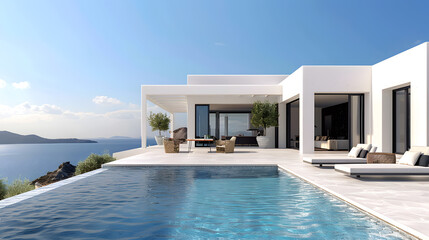 Fototapeta premium A Greek-style house with white façades, blue accents, and large terraces overlooking the sea or surroundings. Use natural stone and minimalist decoration.
