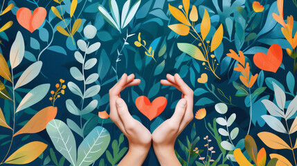 Hands form a heart shape against a vibrant floral backdrop
