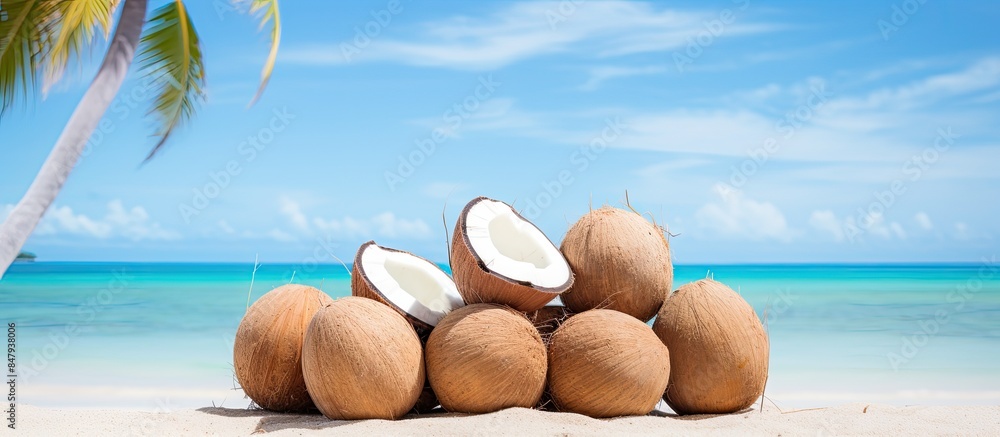 Poster pile of coconuts. creative banner. copyspace image