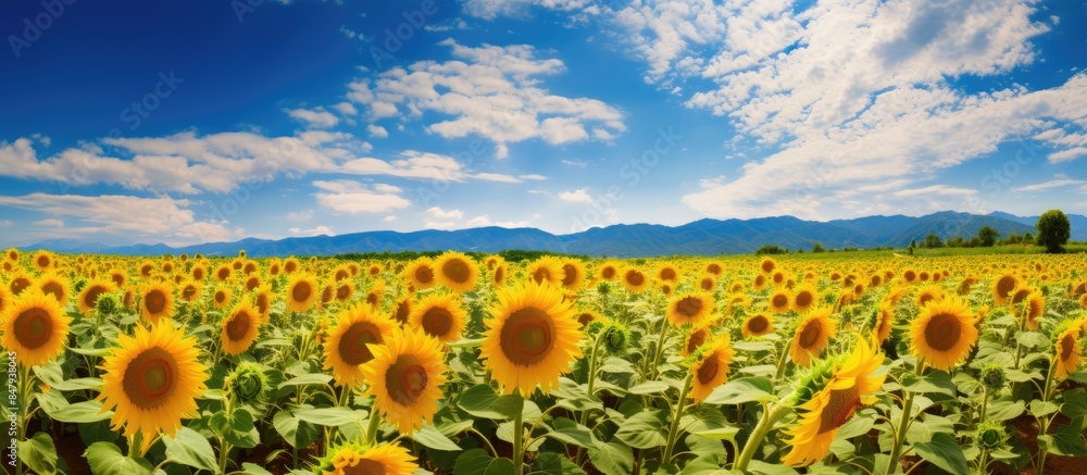 Aufkleber Standing out from the crowd concept Wonderful panoramic view of field of sunflowers by summertime One flower growing taller than the others. Creative banner. Copyspace image