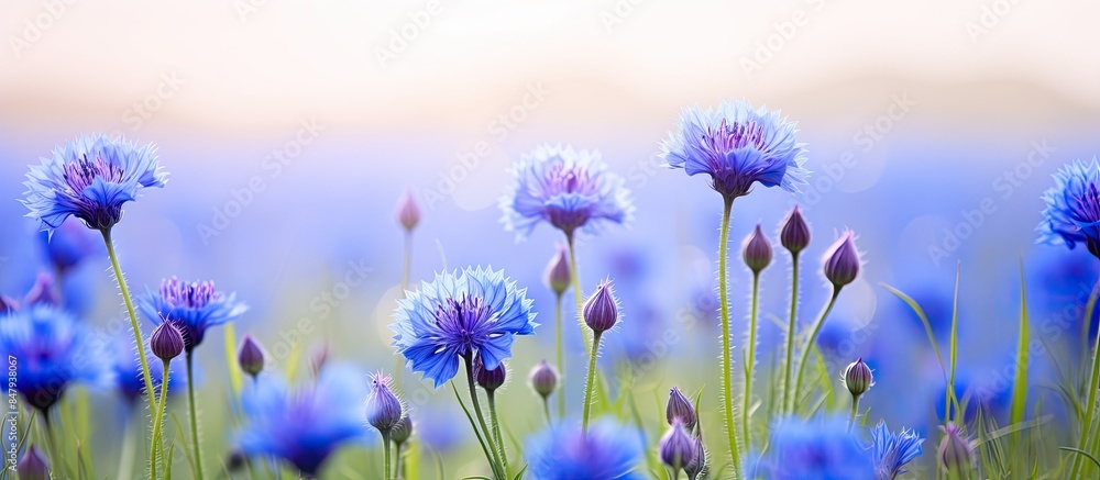 Poster cornflowers in the field soft focus shallow depth of field. creative banner. copyspace image
