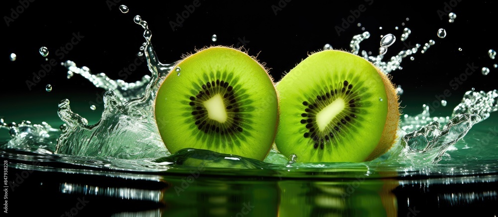 Poster Fresh kiwi splash in water to movement with bubbles. Creative banner. Copyspace image