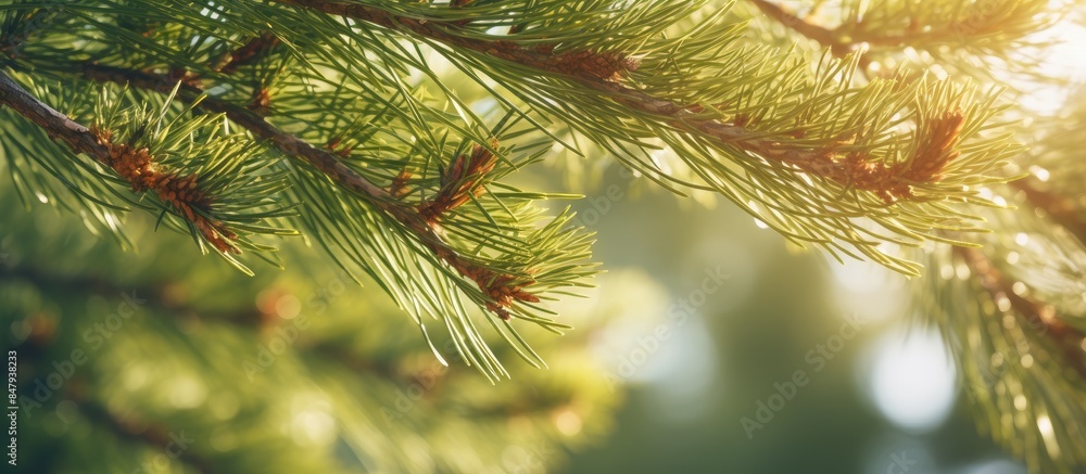 Poster Close up of the pine tree branches in the sunlight. Creative banner. Copyspace image
