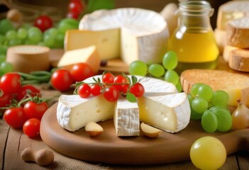 A close-up of a cheese platter with different types of cheese and crackers on a wooden table