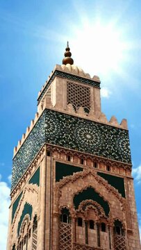 Hassan ll mosque masjid minaret  in Casablanca, Morocco time lapse vertical video