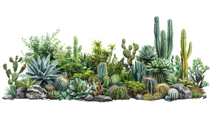 Fototapeta premium A vibrant collection of cacti and succulents in a desert landscape. The variety of textures and shapes creates a visually appealing composition.