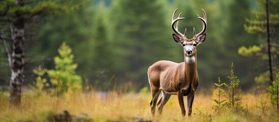 isolated white tailed deer in natural habitat. Creative banner. Copyspace image
