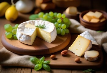 A close-up of a cheese platter with different types of cheese and crackers on a wooden table