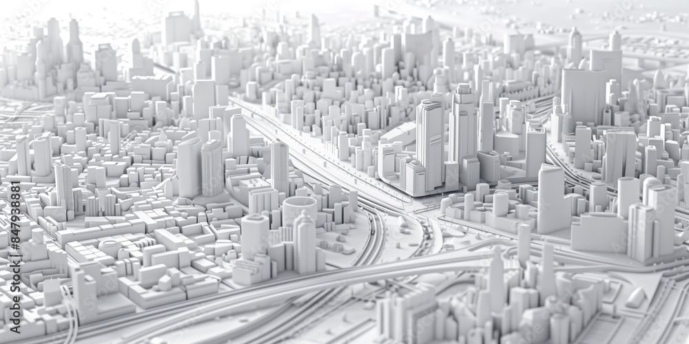 Poster birds eye view of a modern city. urban concept. white clay 3d rendering. created with generative ai 