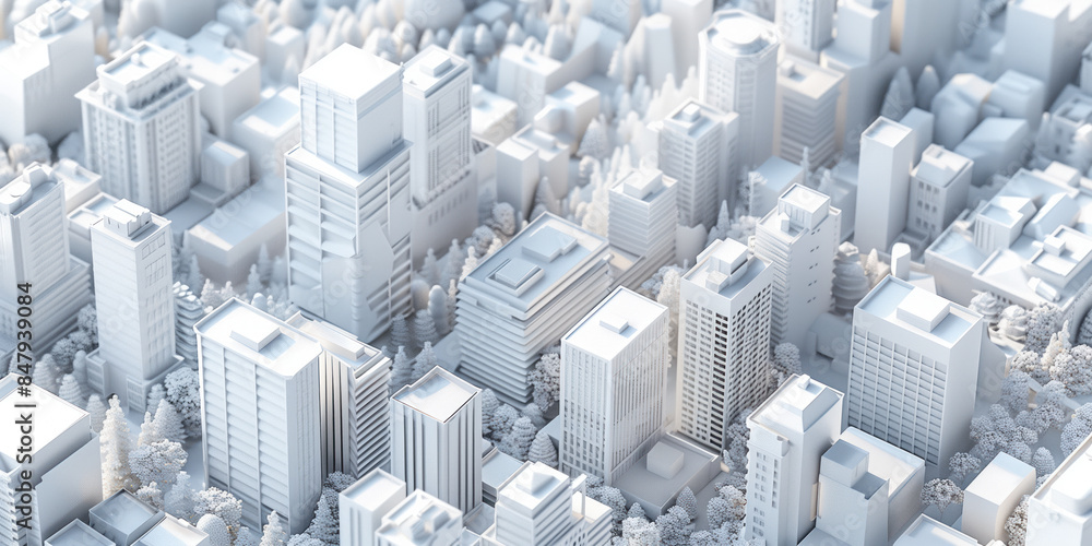 Poster birds eye view of a modern city. urban concept. white clay 3d rendering. created with generative ai 