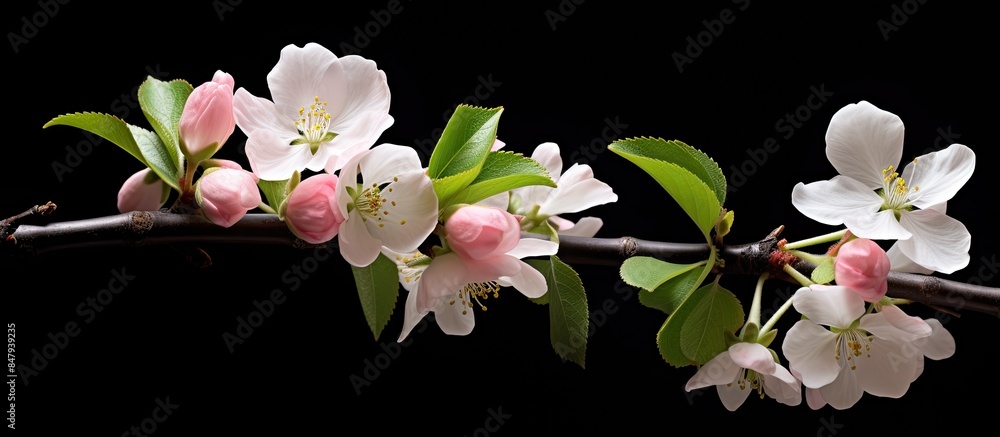 Poster Blooming apple tree Apple blossom A branch of a tree Flowering branch of apple on a black background. Creative banner. Copyspace image