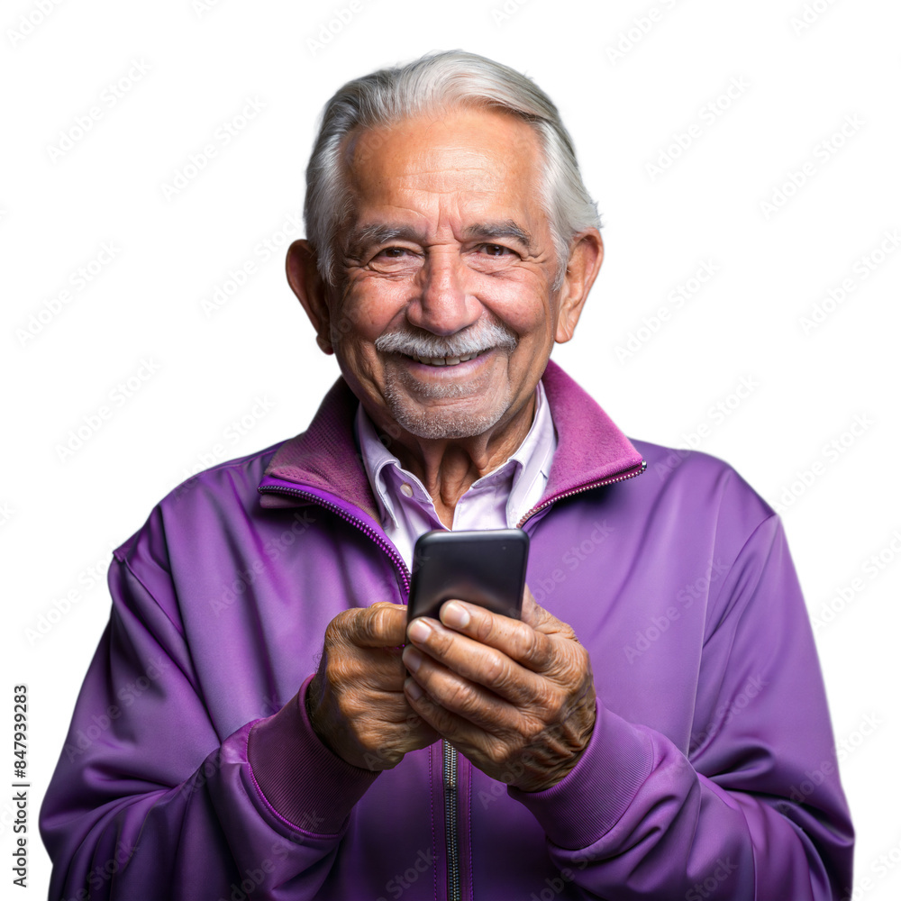 Poster Smiling elderly man using smartphone on transparent background