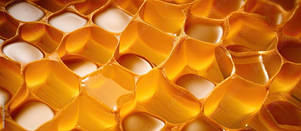 Poster honeycomb with cells full of fresh honey macro photography. creative banner. copyspace image