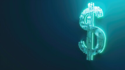 Glowing digital dollar sign with pixelated effects on dark background