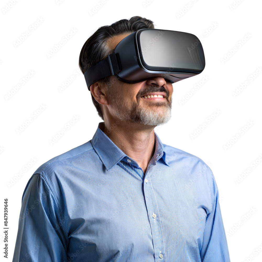 Poster Man using virtual reality headset and smiling on transparent background