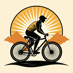 Vector t-shirt design black silhouette hiking bike vintage retro sunshine isolated on white background conceptual art vibrant painting illustration