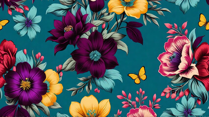 floral background, botanical flower bunch, dark turquoise and dark purple, pink, red, yellow, vintage motif for floral print digital background.