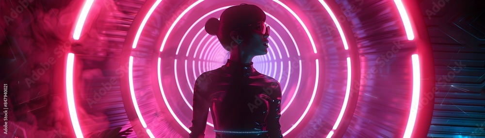 Poster neon devil emerging from pulsating light portal