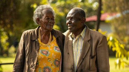 A couple stands outdoors, looking at each other and smiling