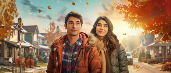 Fototapeta premium Happy women in the autumn city park, smiling together, surrounded by nature, beauty, and love