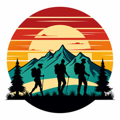 Naklejka premium Vector t-shirt design. Black silhouette hiking vintage retro sunshine isolated on the background. Conceptual art, vibrant painting illustration.